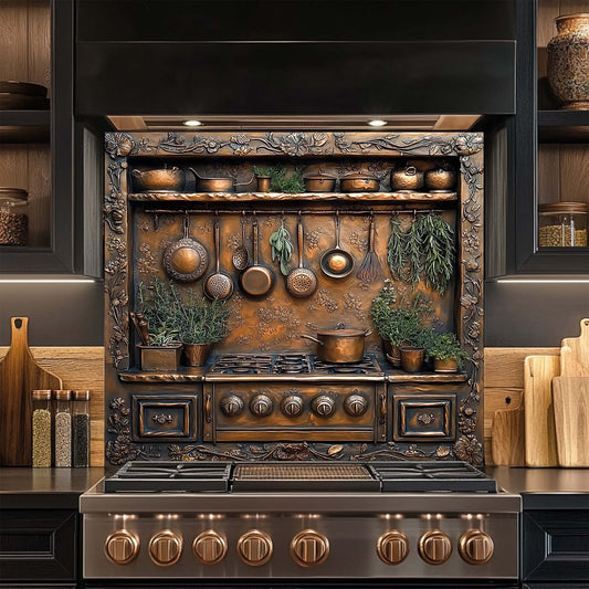 Copper look kitchen backsplash with hanging pans, herbs, and vintage stove – botanical tempered glass panel for rustic kitchens