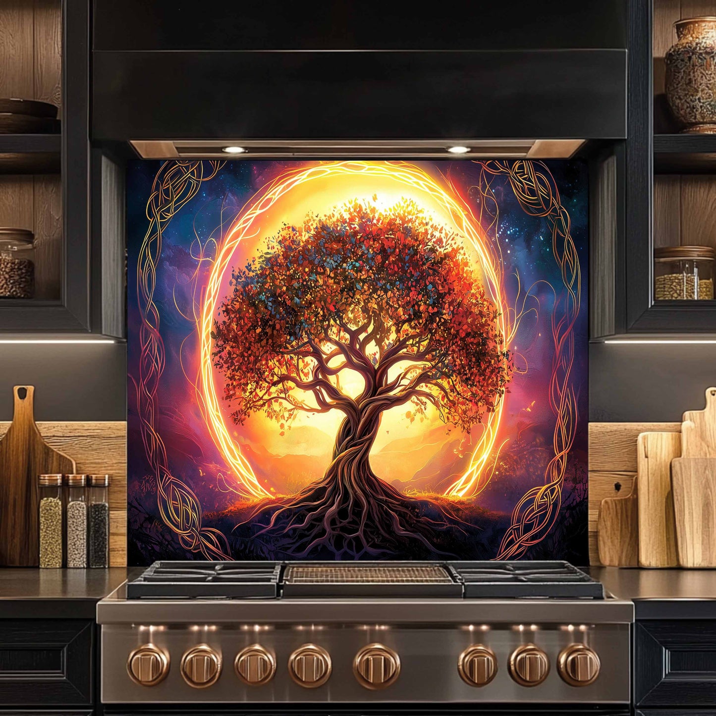 Stainless steel stove with a decorative panel featuring a tree of life design in a kitchen setting.