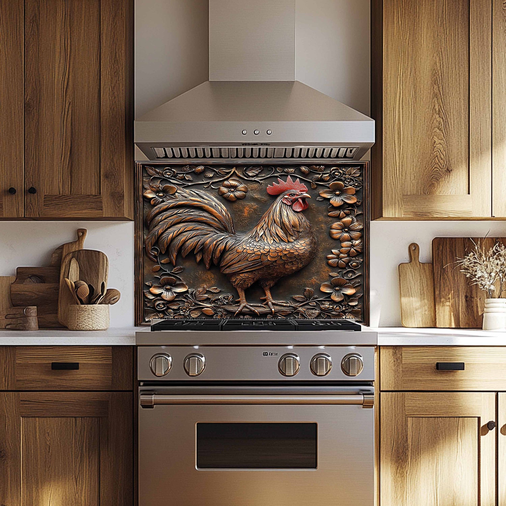 Decorative kitchen backsplash with a rooster design on a kitchen wall above an oven.