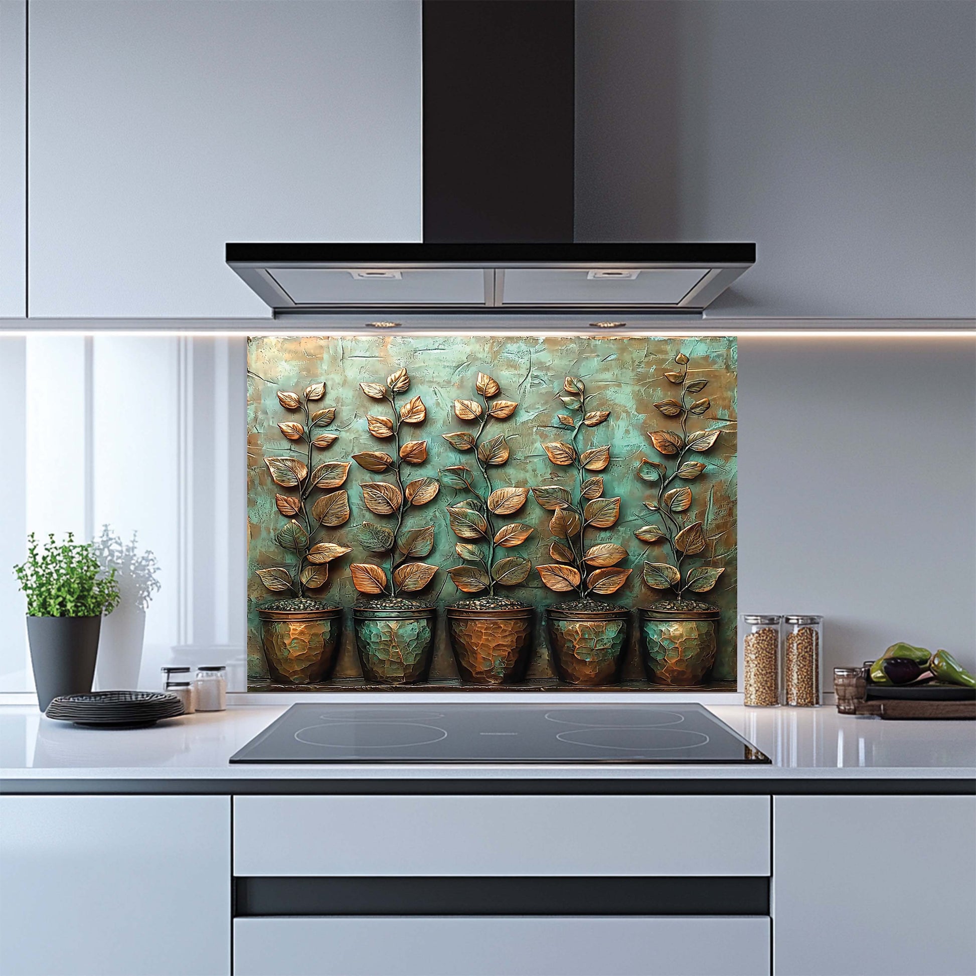 Decorative glass splashback with leaf design in a modern kitchen.