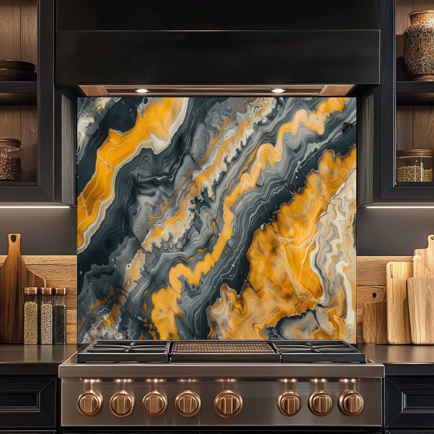 Kitchen stove with a decorative backsplash featuring gold and gray marbled pattern.
