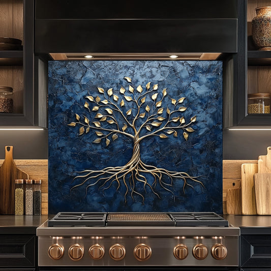 Stainless steel stove with decorative tree glass backsplash in a kitchen setting