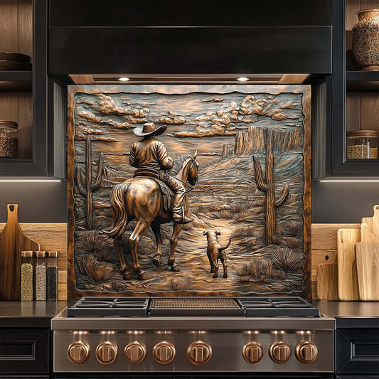 Western tempered glass backsplash with cowboy and dog walking desert trail among cactus and mountains