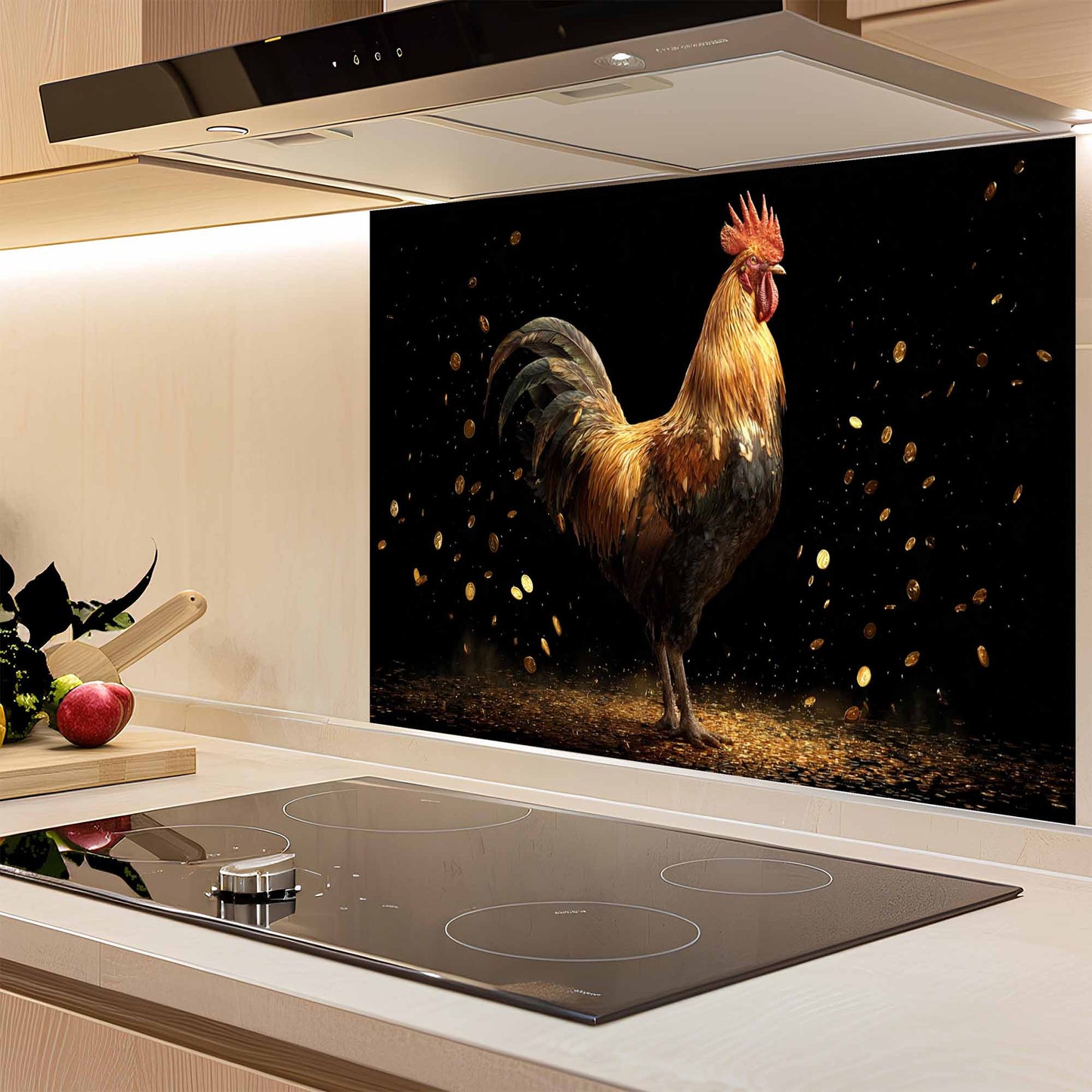 Kitchen with a decorative glass splashback featuring a rooster.