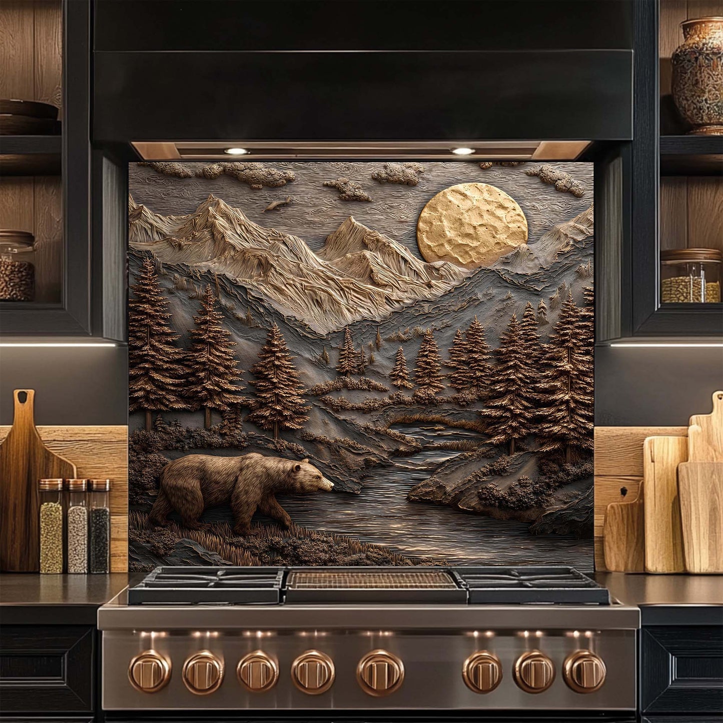 Stainless steel stove with mountain and bear design glass backsplash in a kitchen setting