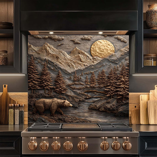 Stainless steel stove with mountain and bear design glass backsplash in a kitchen setting