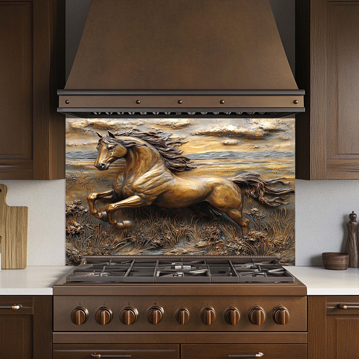Kitchen stove with a decorative backsplash featuring a horse running, surrounded by wooden cabinets and countertops.