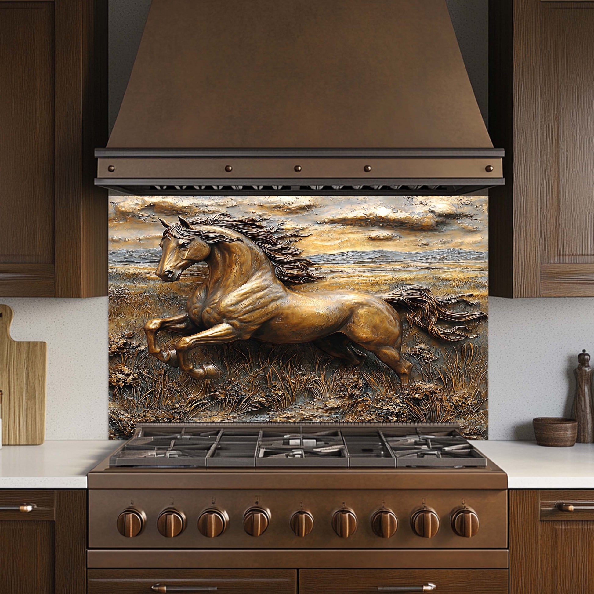 Kitchen stove with a decorative backsplash featuring a horse running, surrounded by wooden cabinets and countertops.