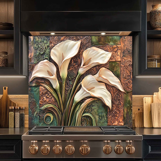 Decorative backsplash with floral design above a stove in a kitchen setting