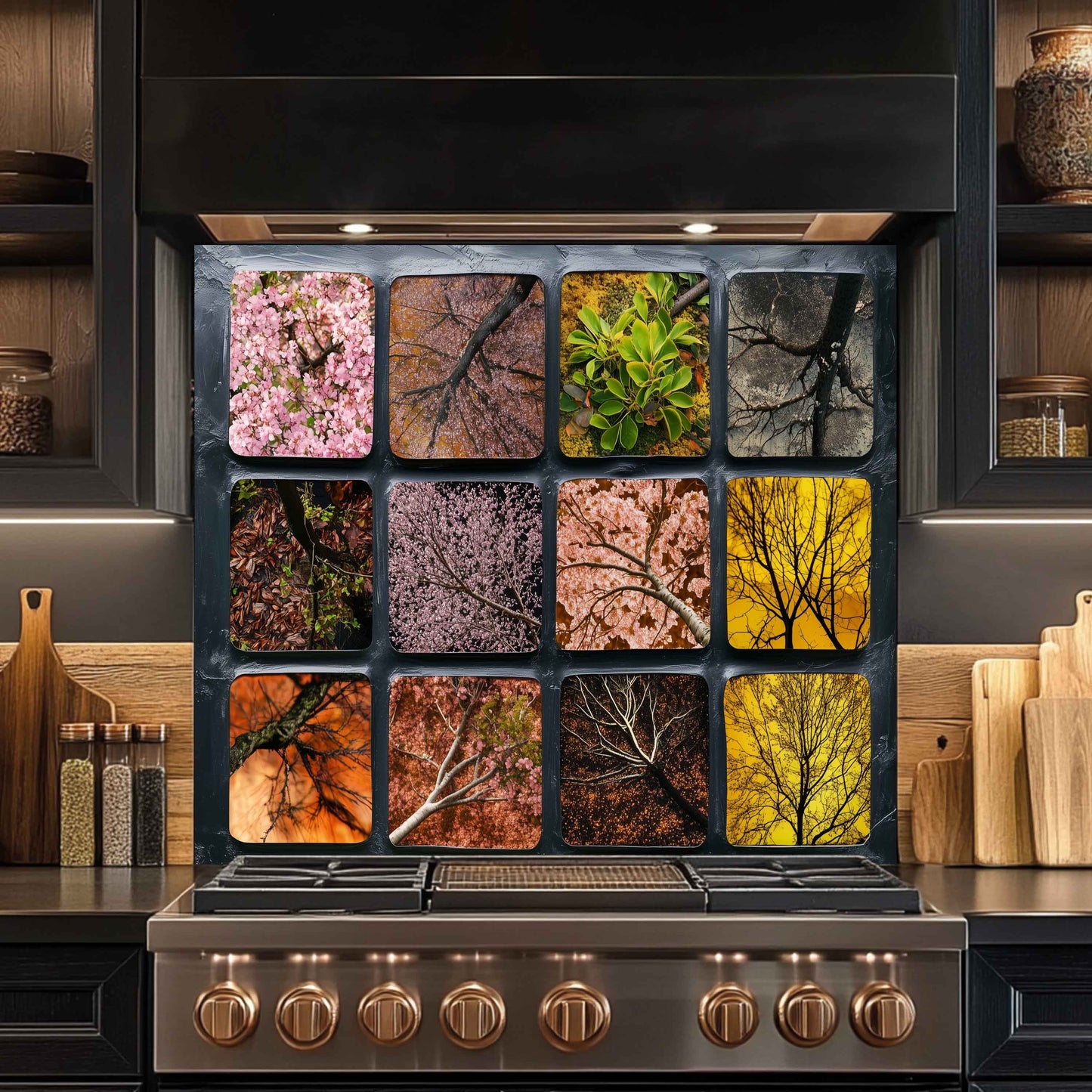 Stainless steel stove with decorative backsplash featuring nature-themed images in a kitchen setting.