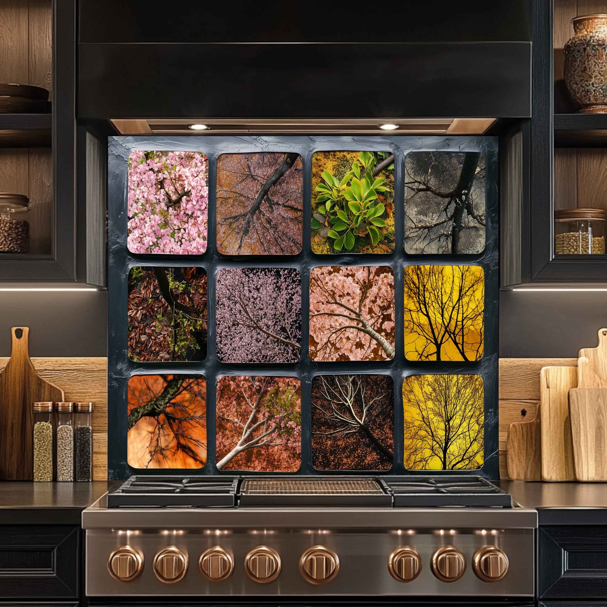 Stainless steel stove with decorative backsplash featuring nature-themed images in a kitchen setting.
