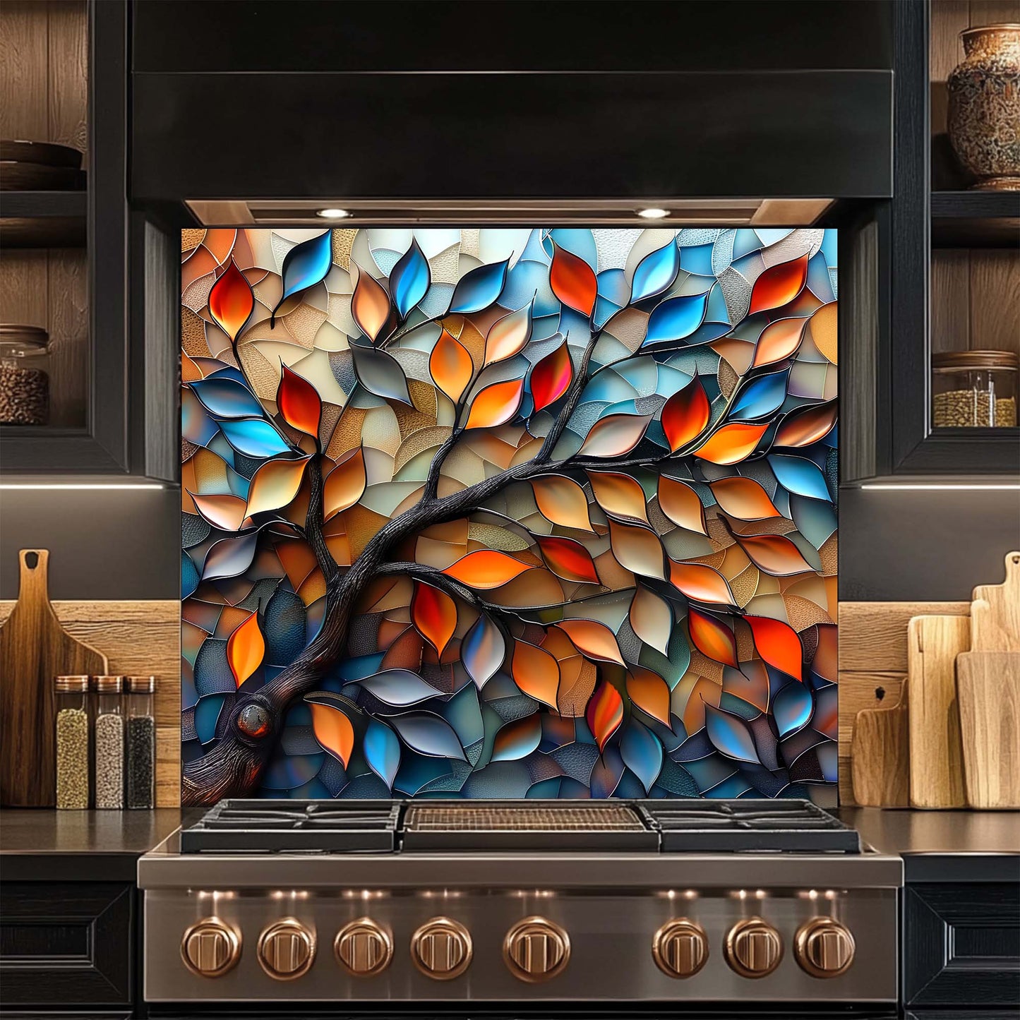 Stainless steel stove with colorful leaf-patterned glass backsplash in a kitchen setting
