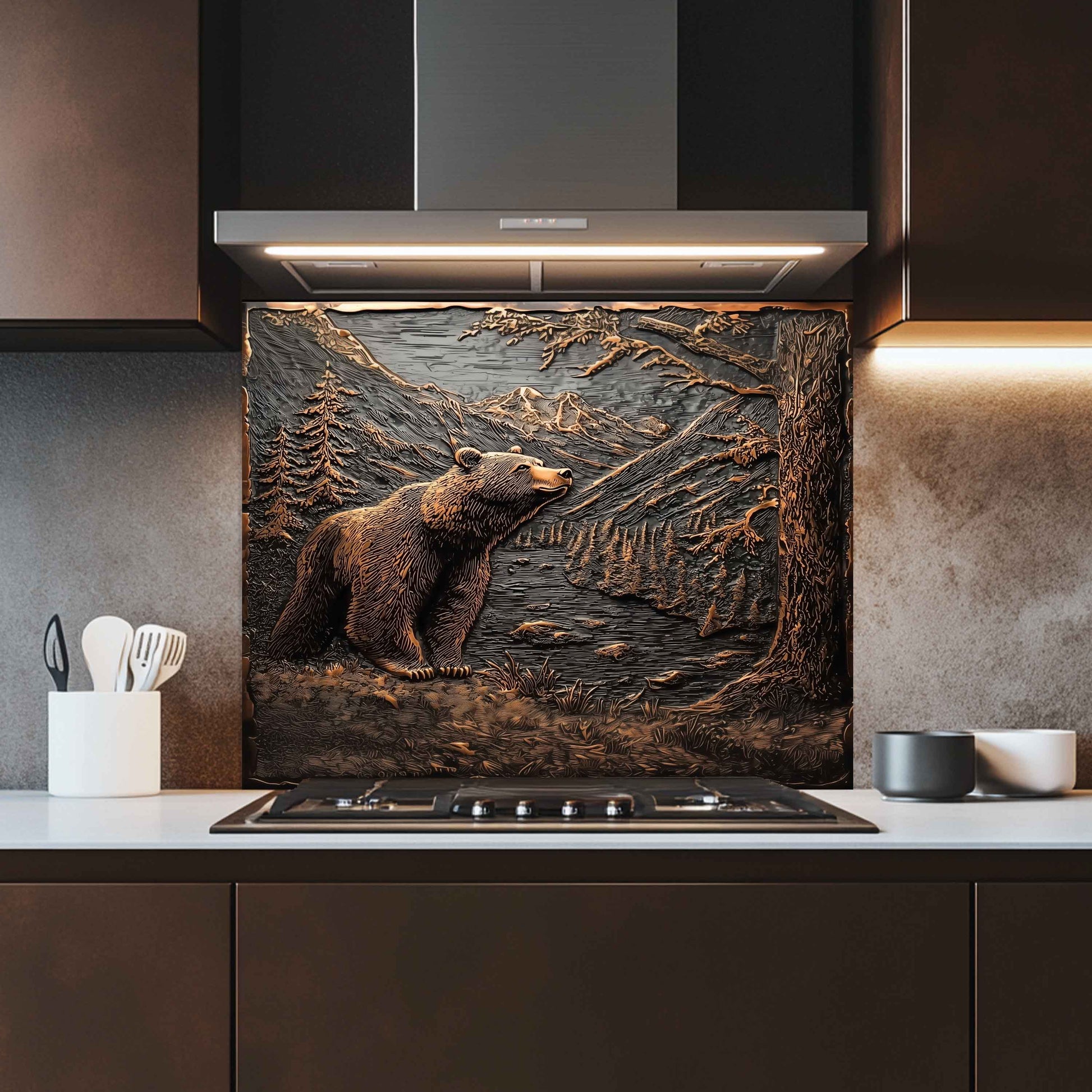 Kitchen with a decorative glass splashback featuring a bear in a forest scene.