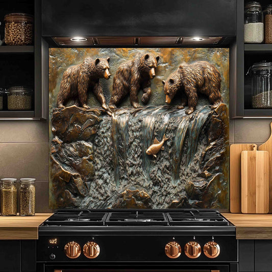 Tempered glass backsplash with bear and fish design above a black stove in a kitchen.