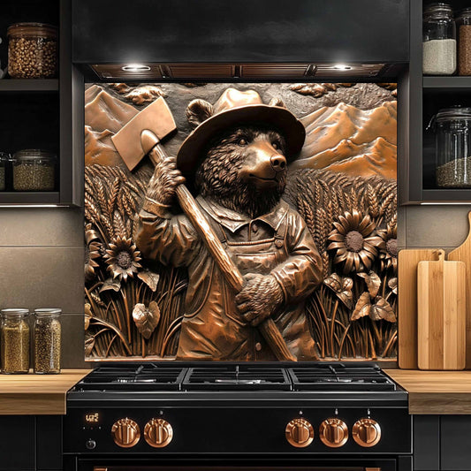 Decorative backsplash of a bear holding an axe above a stove in a kitchen.