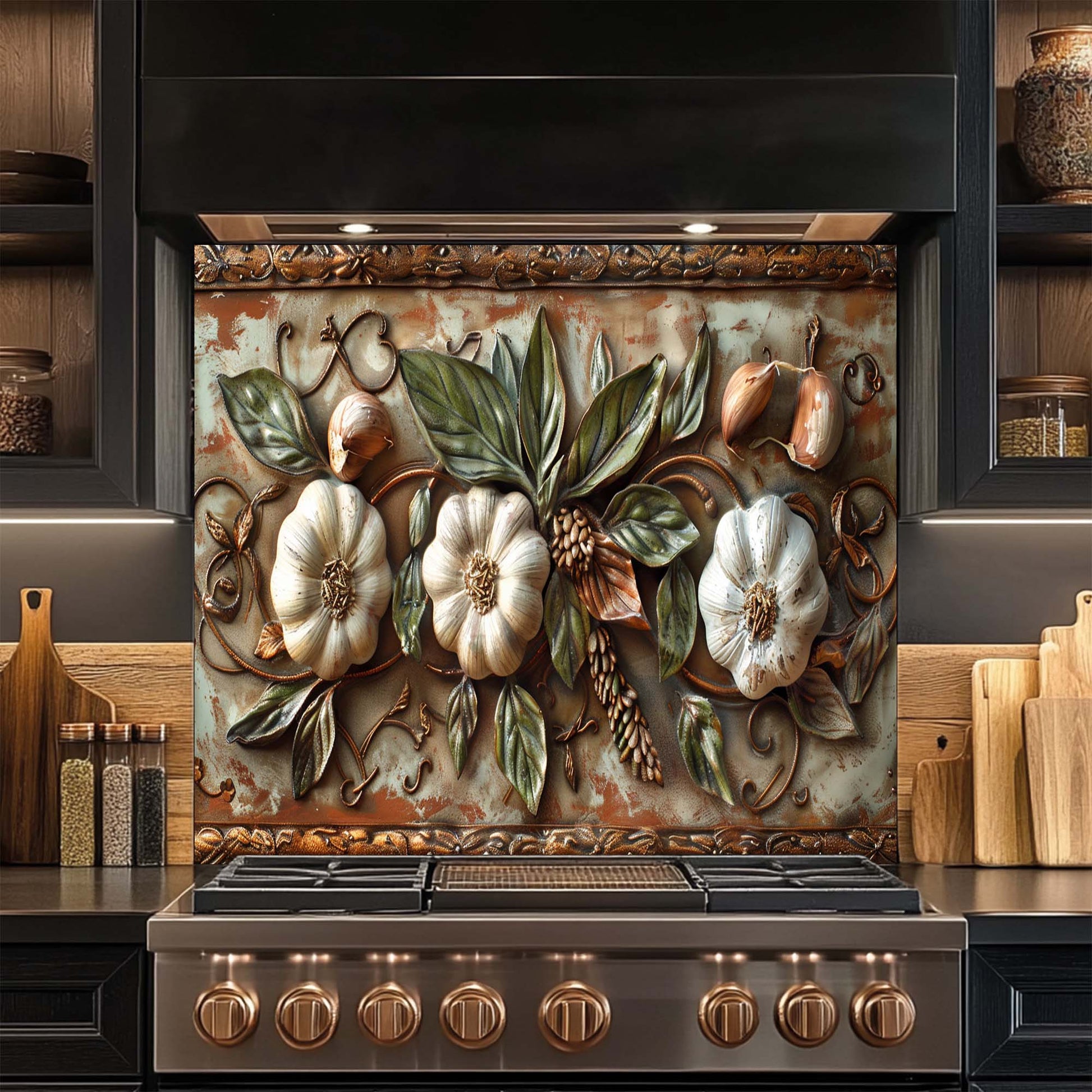 Decorative kitchen backsplash with floral design above a stove.