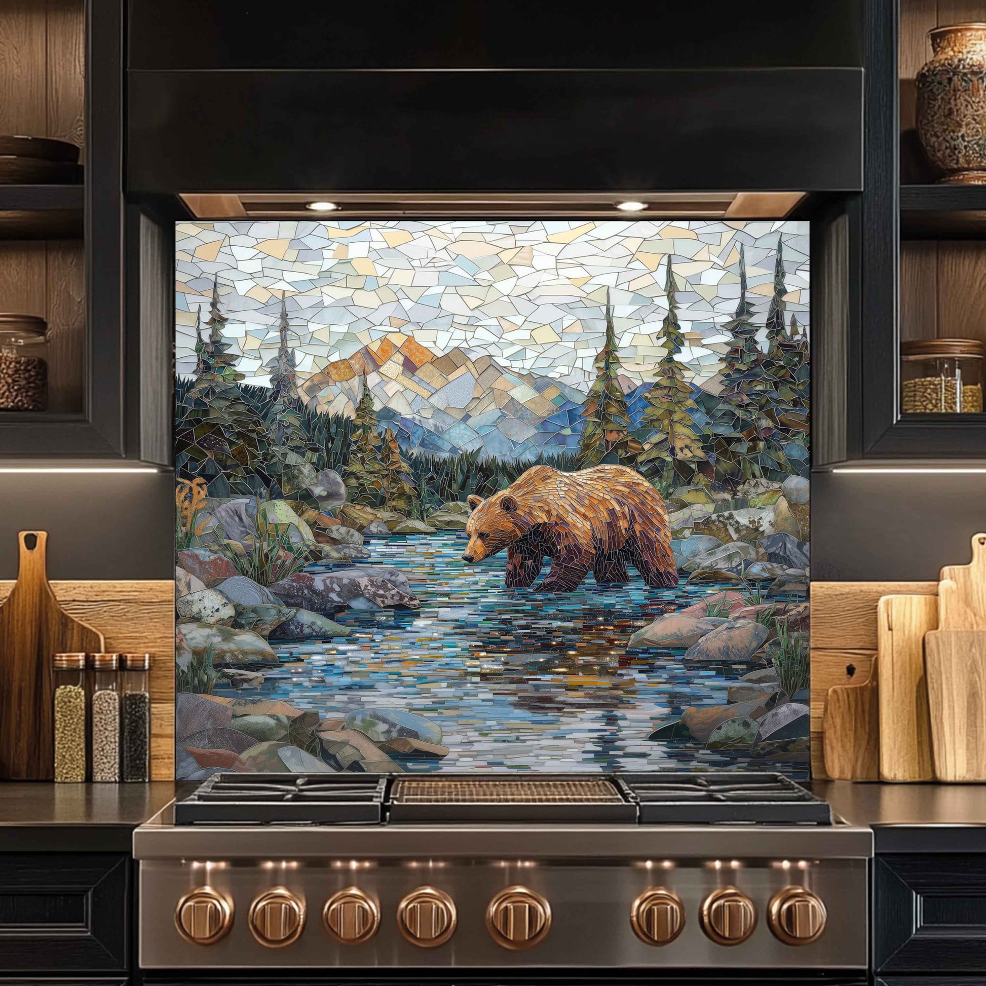 Stainless steel stove with a decorative mosaic look glass backsplash of a bear by a stream in a forest.