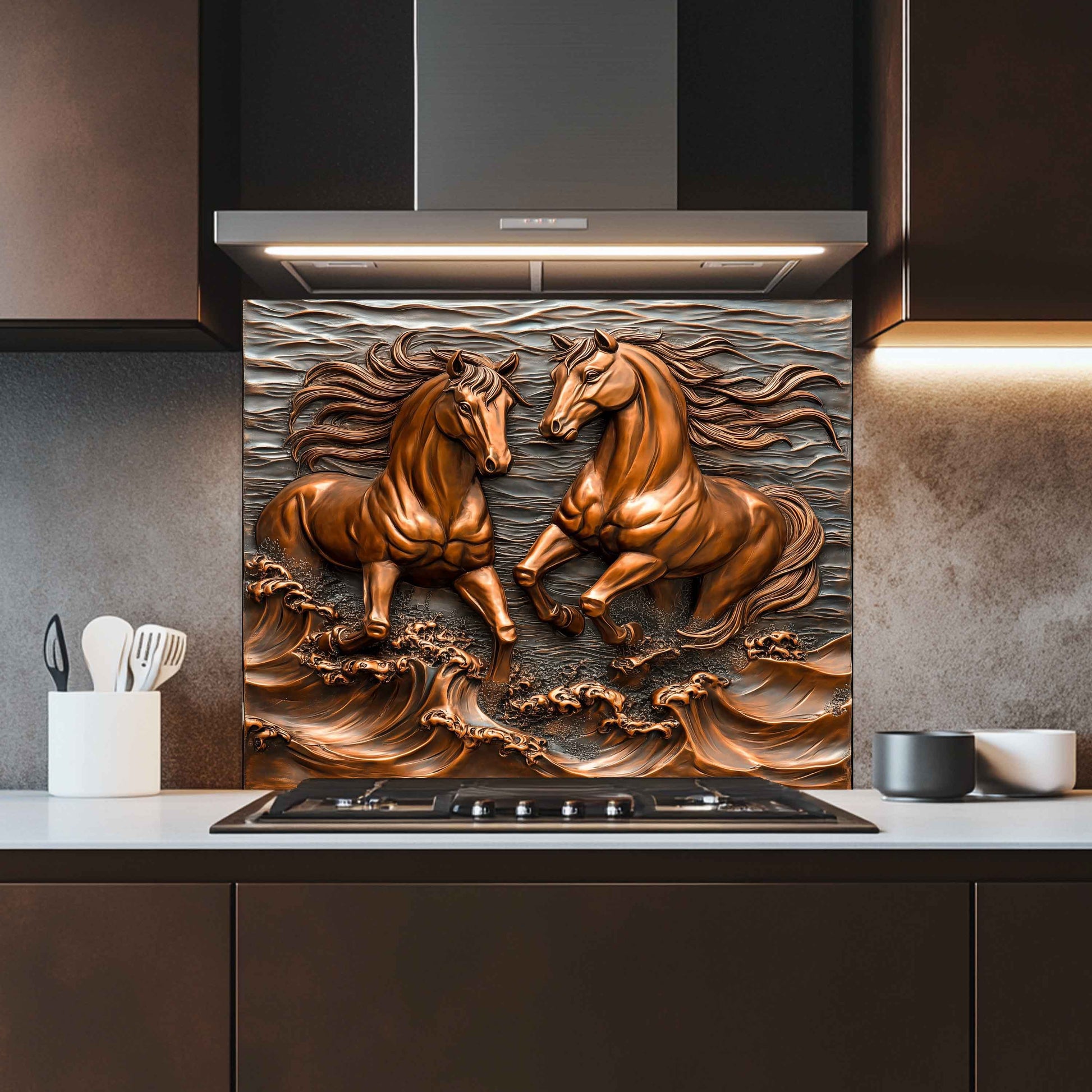 Decorative backsplash with horse design in a modern kitchen