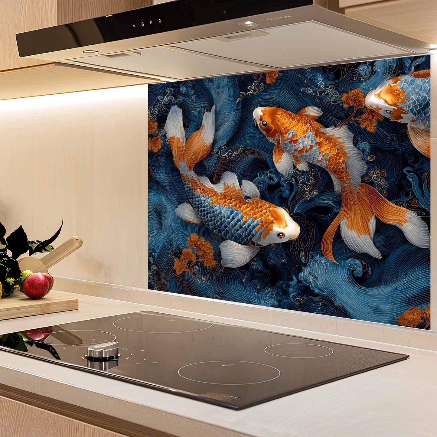 Kitchen with a decorative glass backsplash featuring goldfish, above a stovetop.
