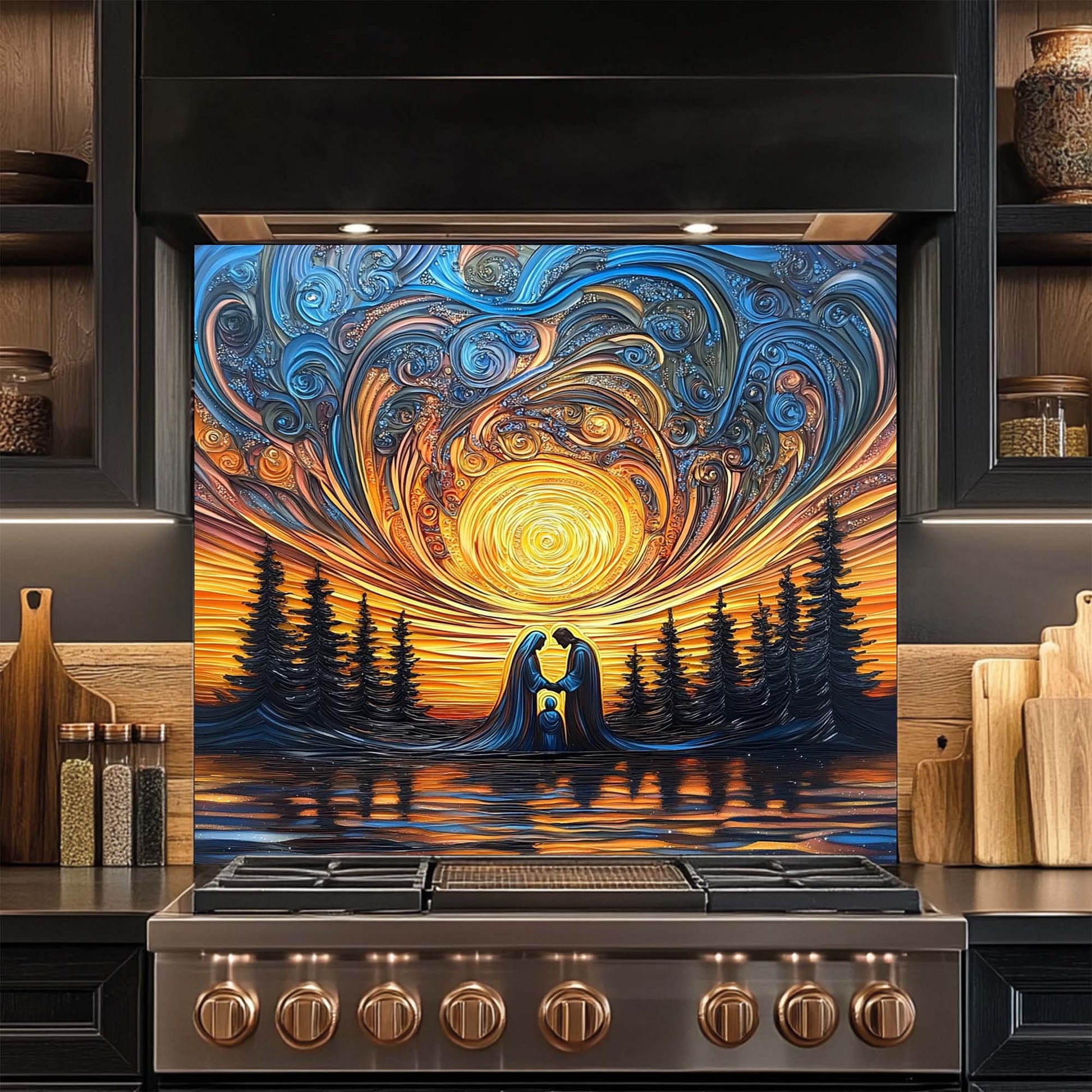 Decorative glass backsplash with a couple by a lake in front of a swirling sunset design above a stove.