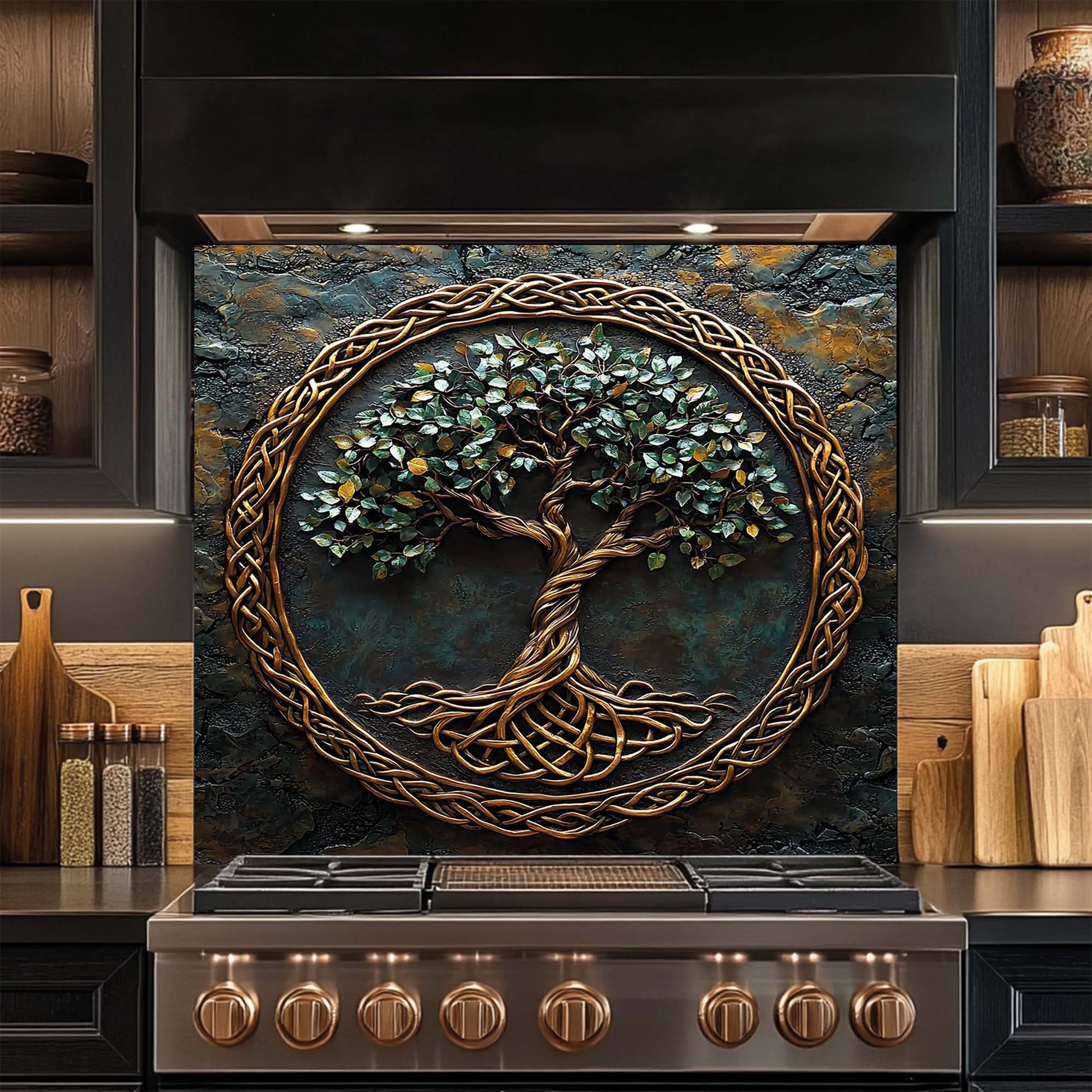Decorative glass backsplash with a tree design above a stove in a kitchen setting.