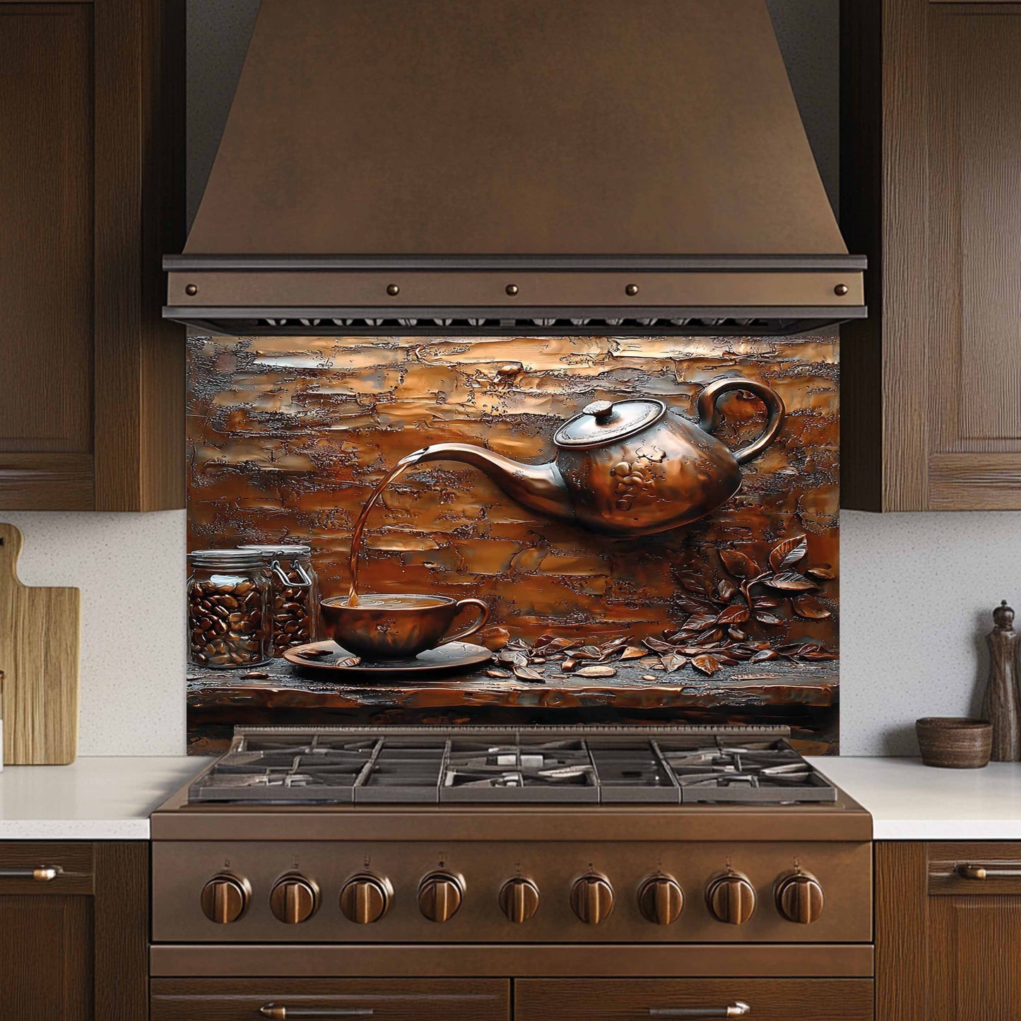 Stainless steel stove with decorative backsplash featuring a teapot and cup design.