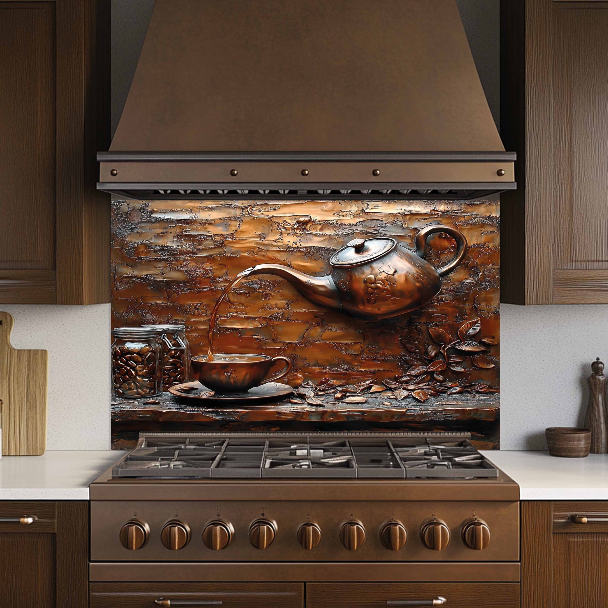 Stainless steel stove with decorative backsplash featuring a teapot and cup design.