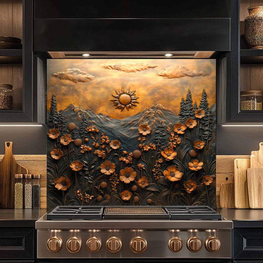 Decorative backsplash with mountain and floral design above a stove in a kitchen.