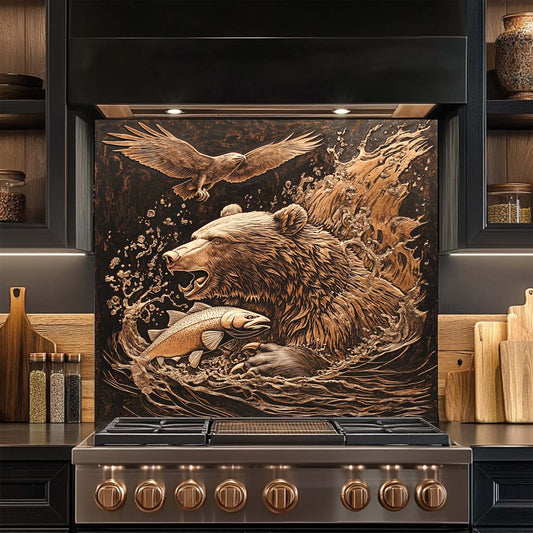 Stainless steel stove with decorative glass backsplash featuring a bear and eagle design in a kitchen setting.