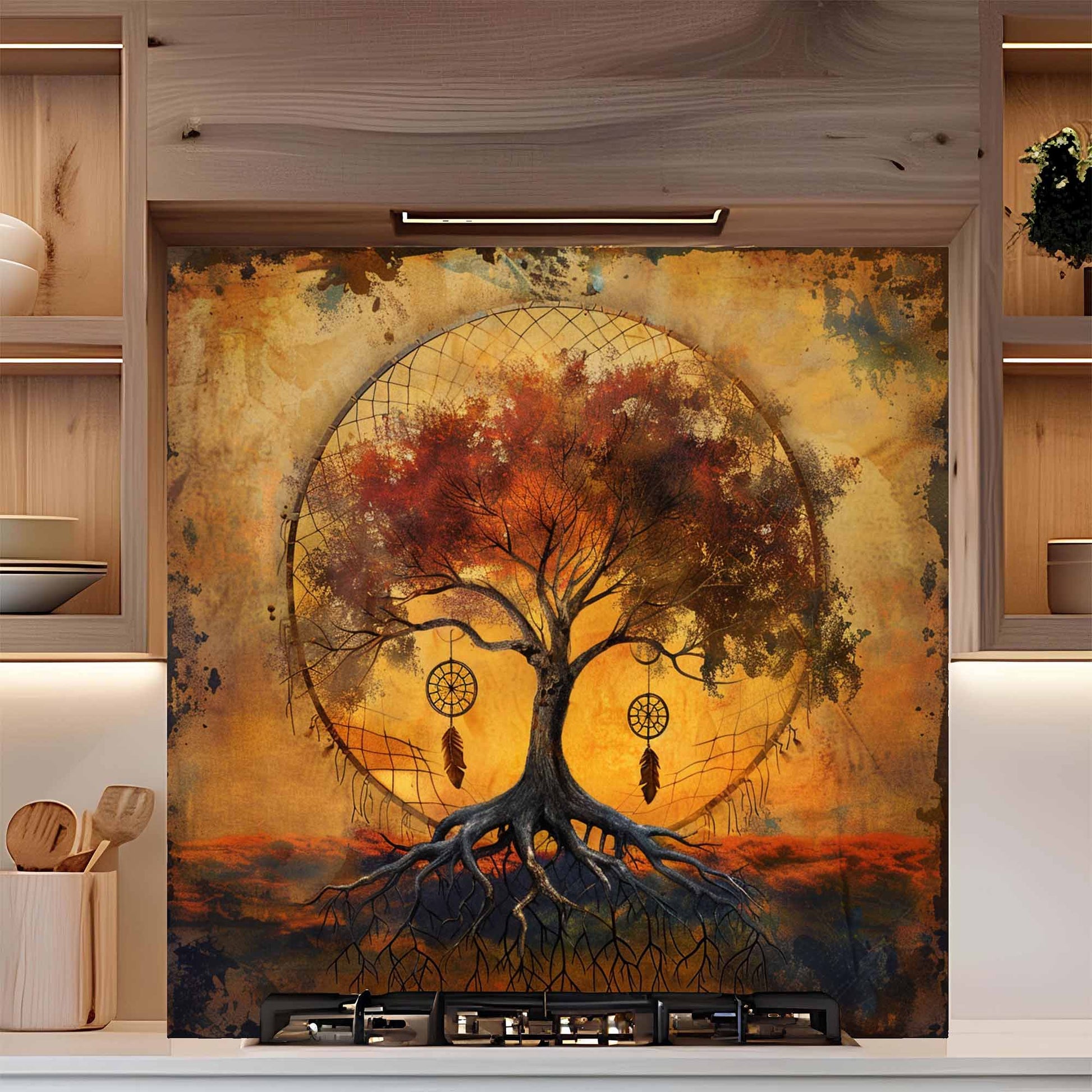 Decorative backsplash with a tree and dreamcatcher design in a kitchen setting