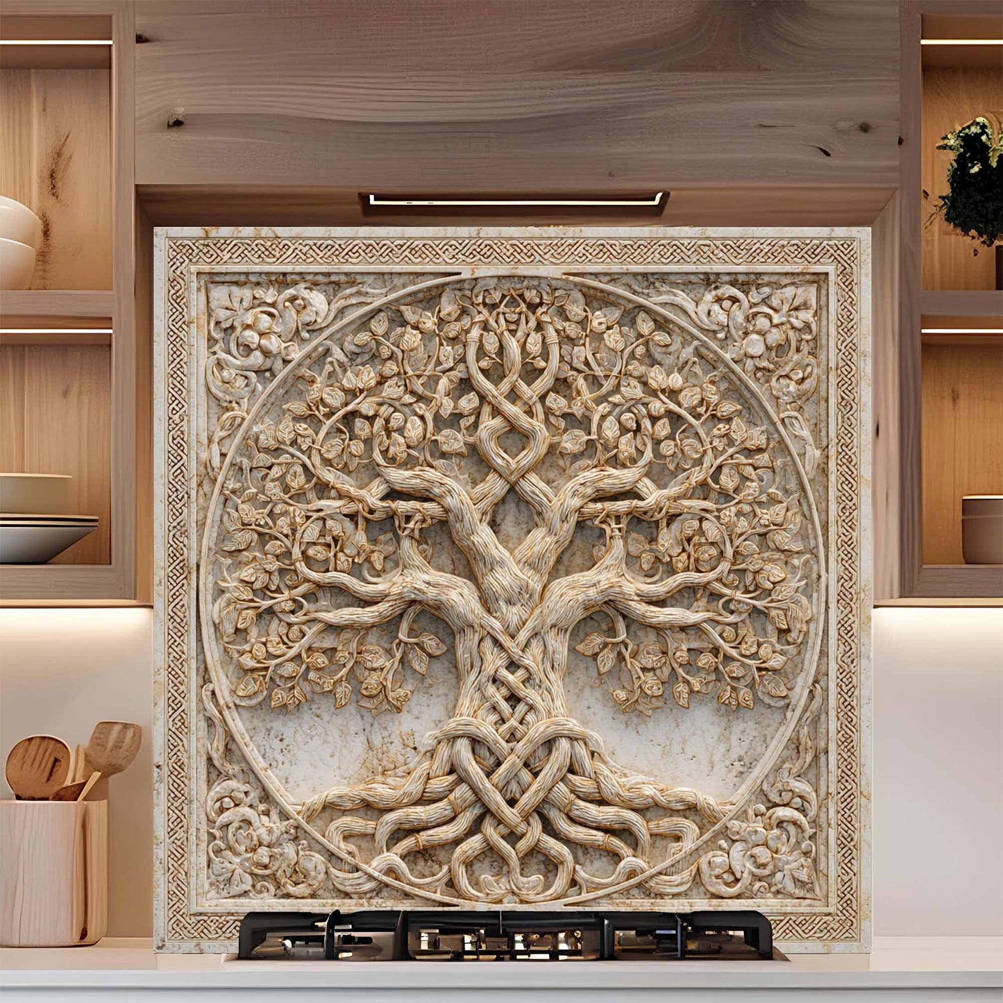 Decorative glass backsplash with tree design in a kitchen setting