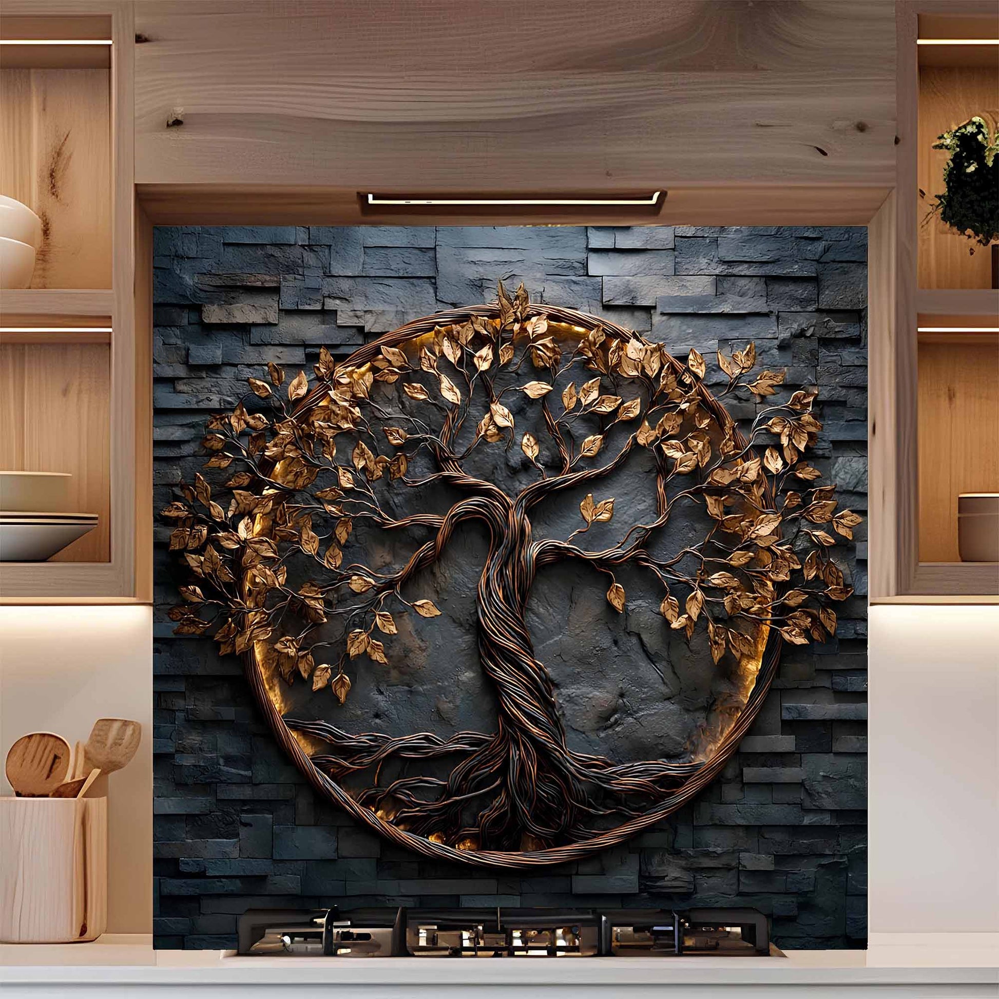 Decorative tempered glass backsplash of a tree with gold leaves on a stone wall in a kitchen setting.