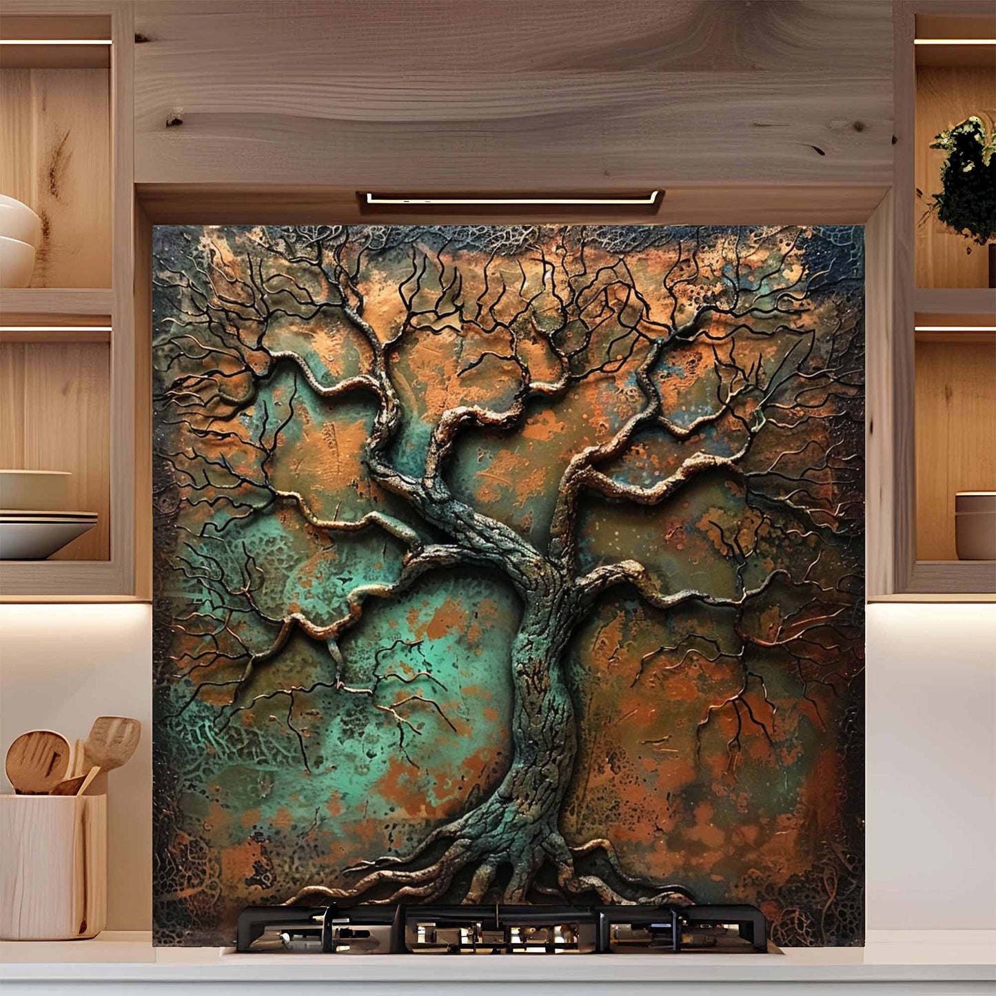 Decorative backsplash of a tree with textured surface in a kitchen setting