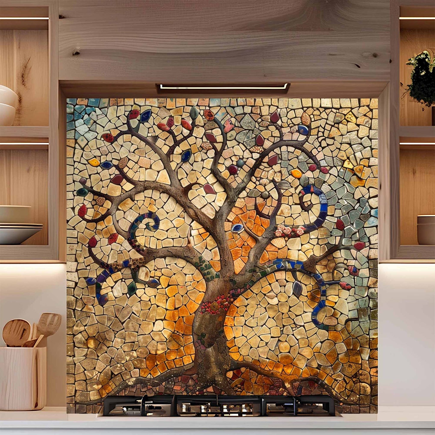 Decorative mosaic wall art with a tree design in a kitchen setting