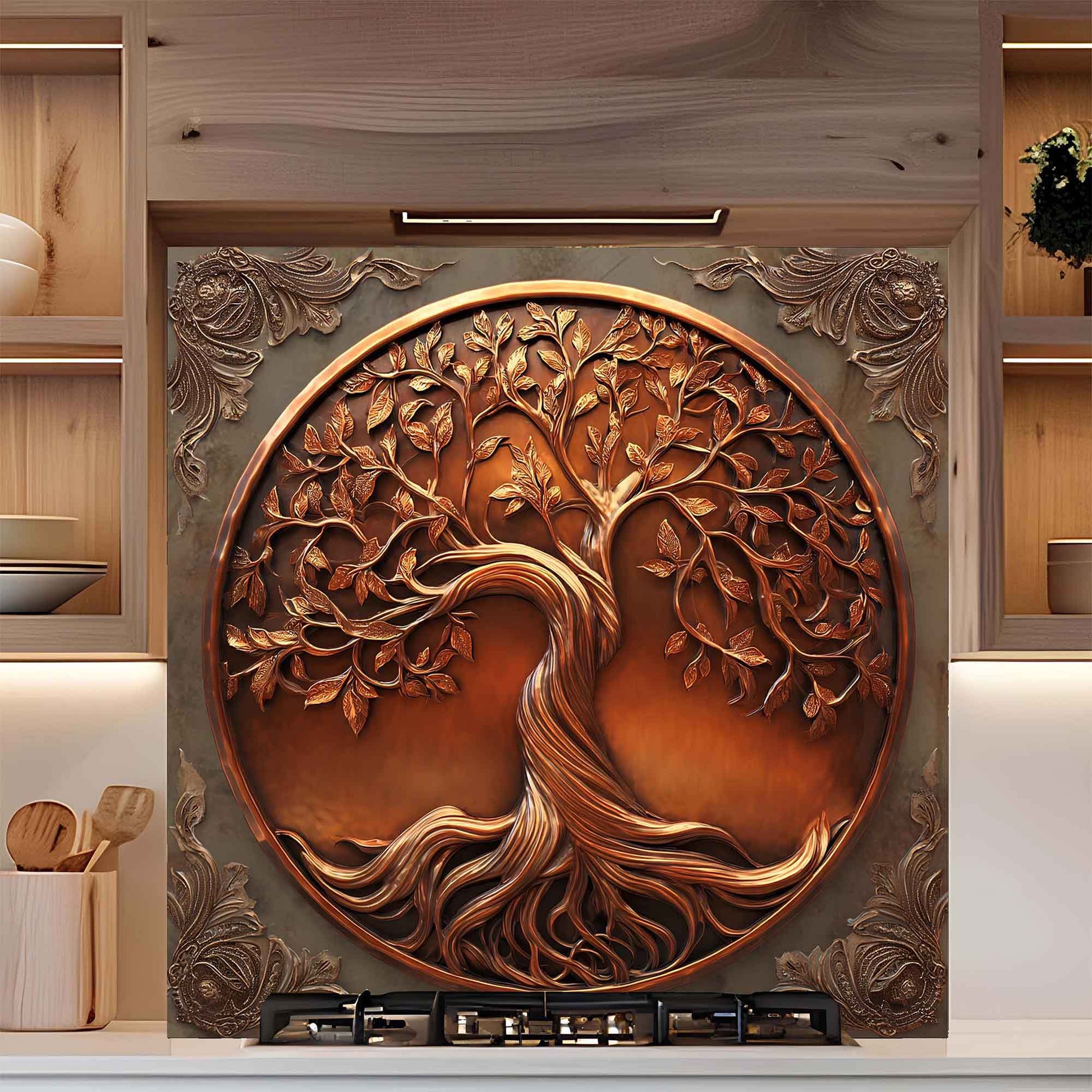 Decorative wall art with tree design on a kitchen wall