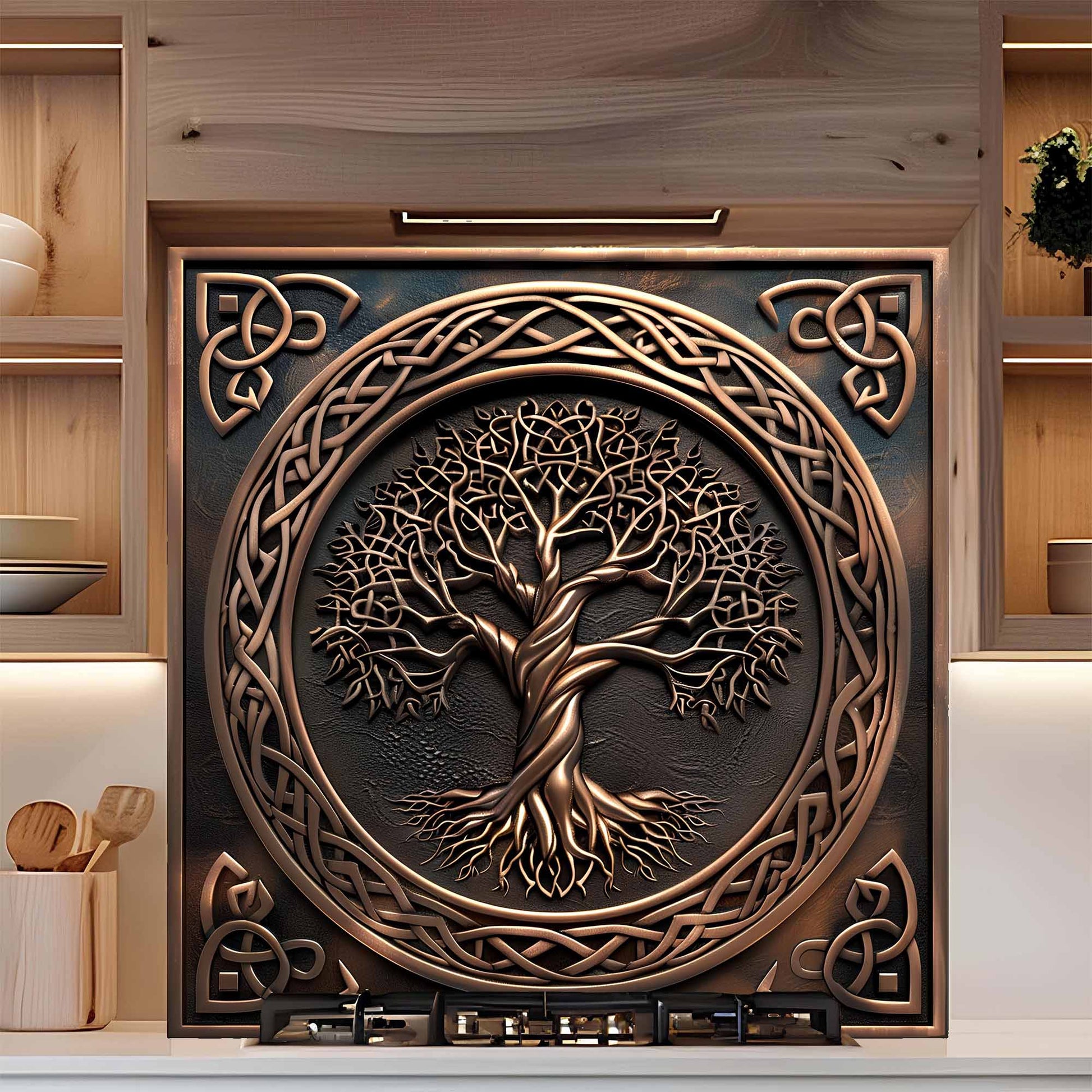 Tempered glass backsplash with tree of life design in a kitchen setting