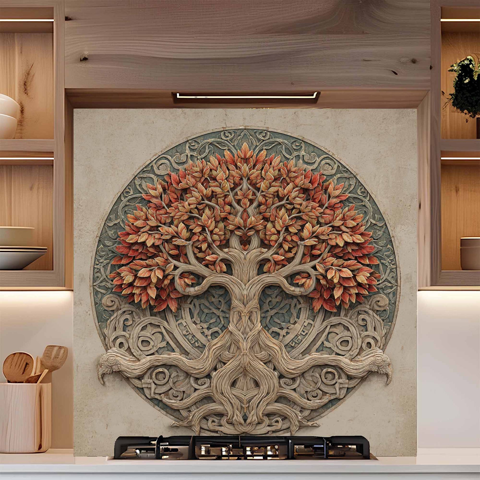 Decorative backsplash of a tree with autumn leaves on a kitchen wall.