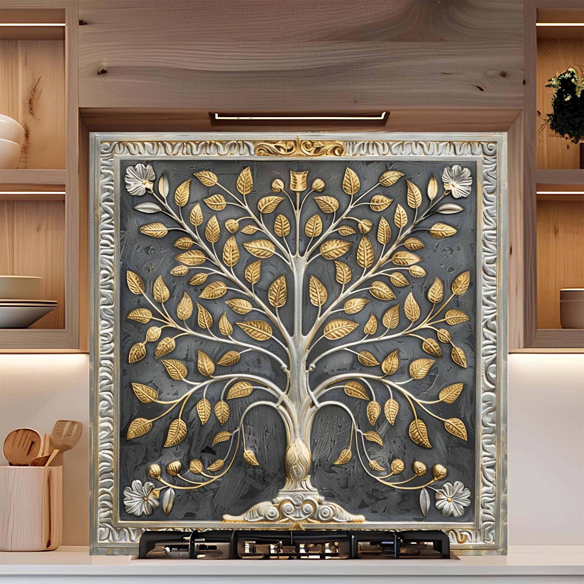 Decorative backsplash with a tree design in a kitchen setting