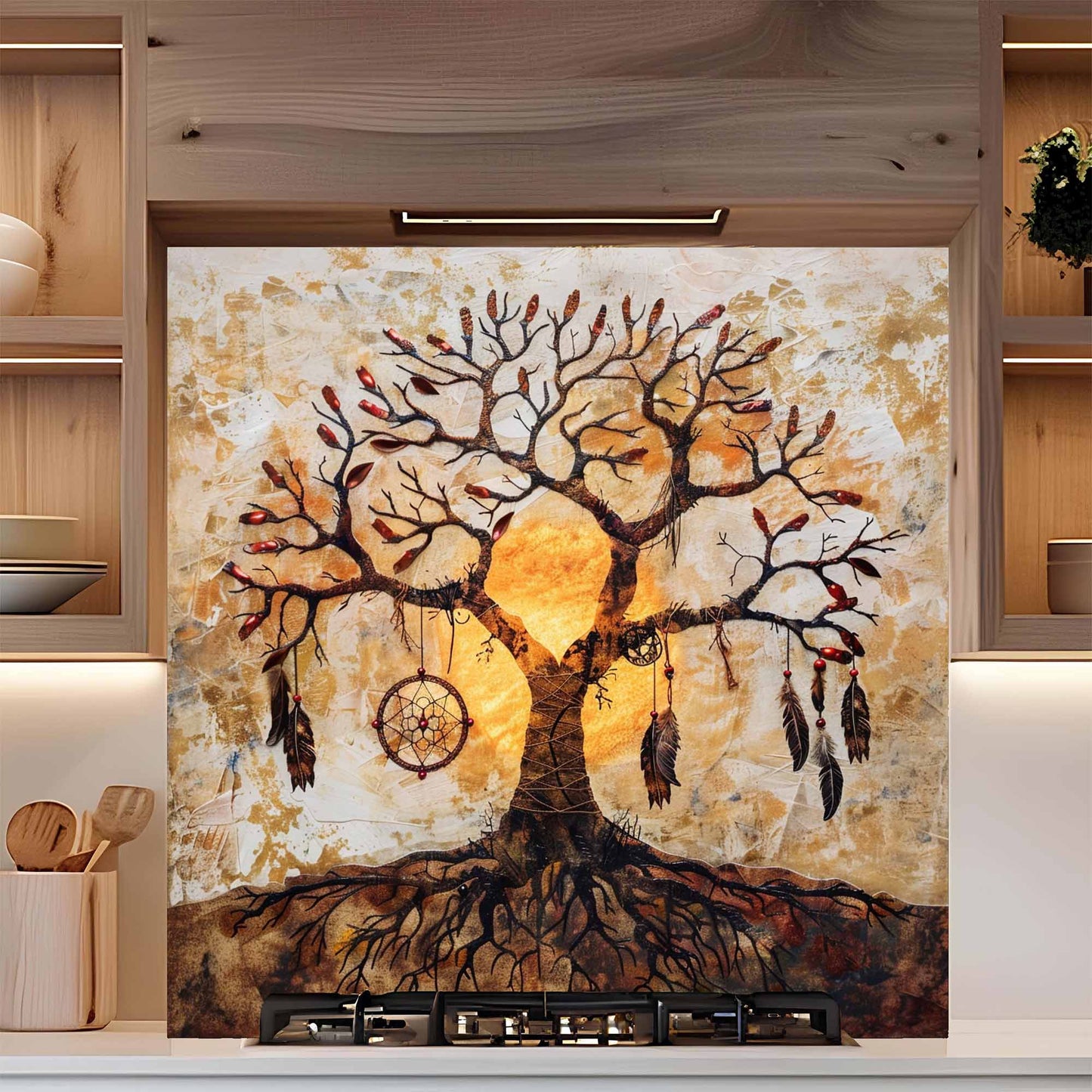 Decorative backsplash of a tree with a dreamcatcher and feathers in a kitchen setting.