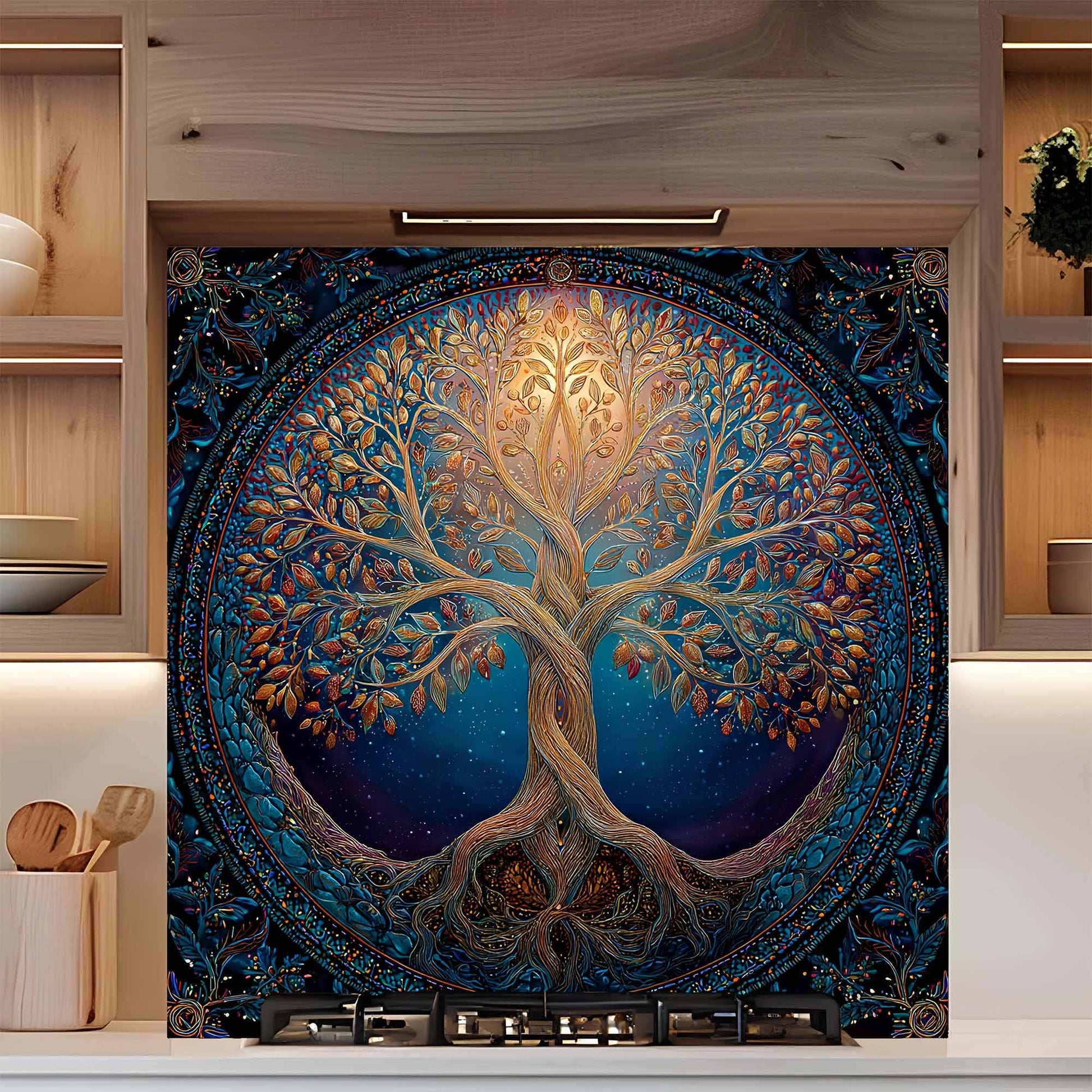 Decorative glass wall art of a tree with a blue background on a kitchen wall.