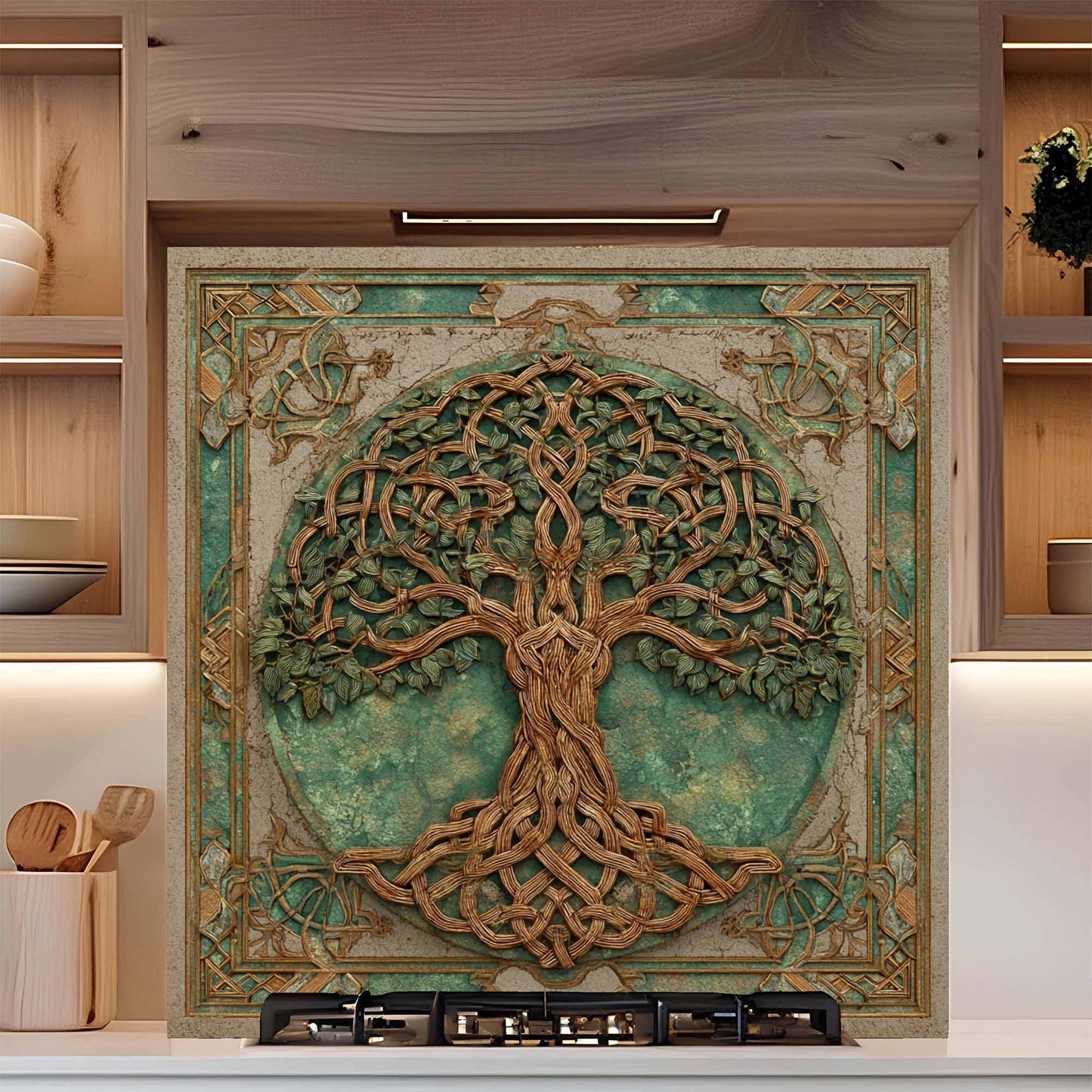Decorative backsplash with a tree design in a kitchen setting