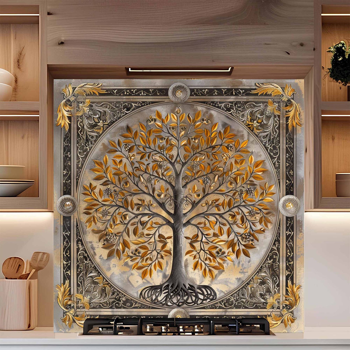 Decorative glass backsplash with a tree design in a kitchen setting