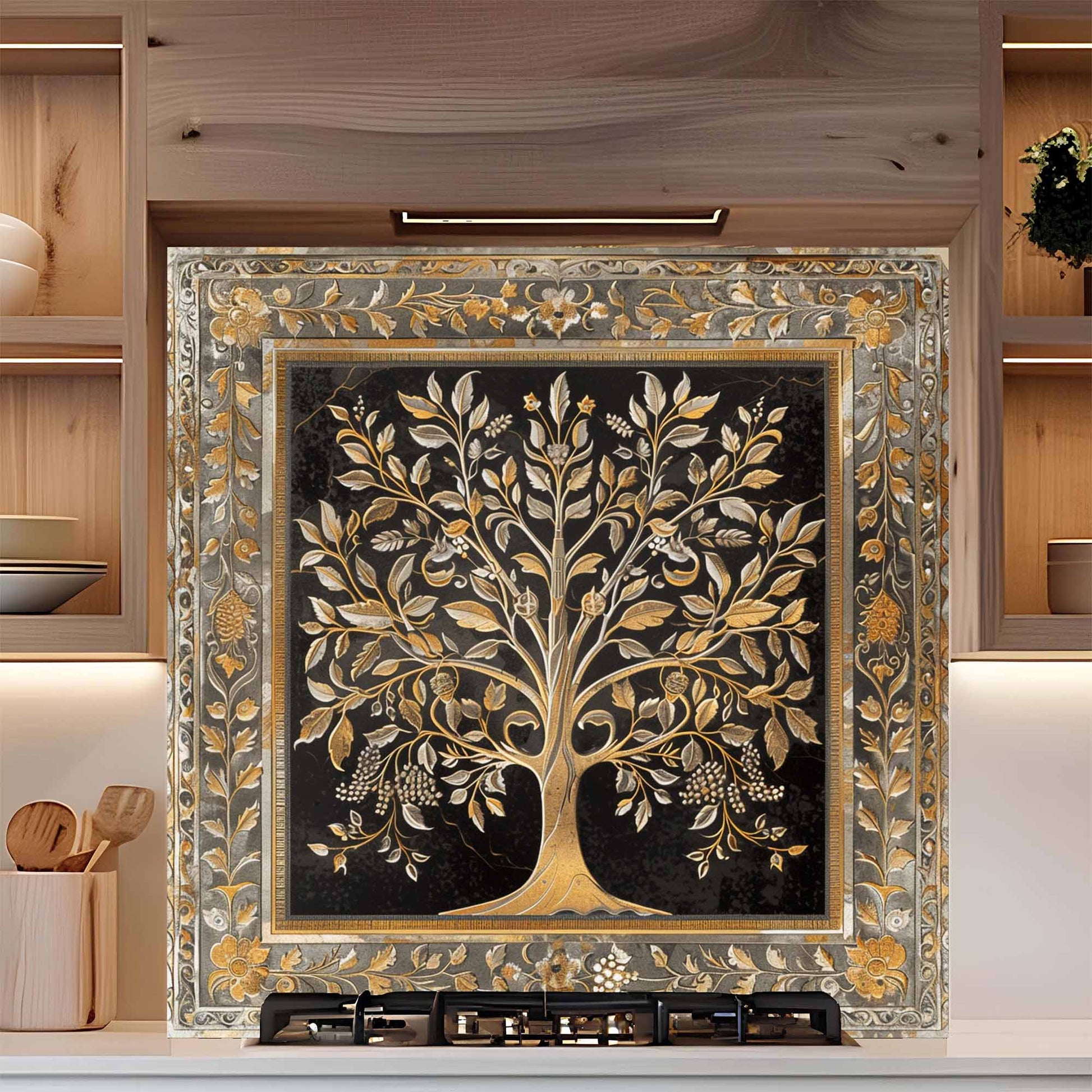Decorative glass backsplash with a tree design in a decorative frame on a wooden shelf.