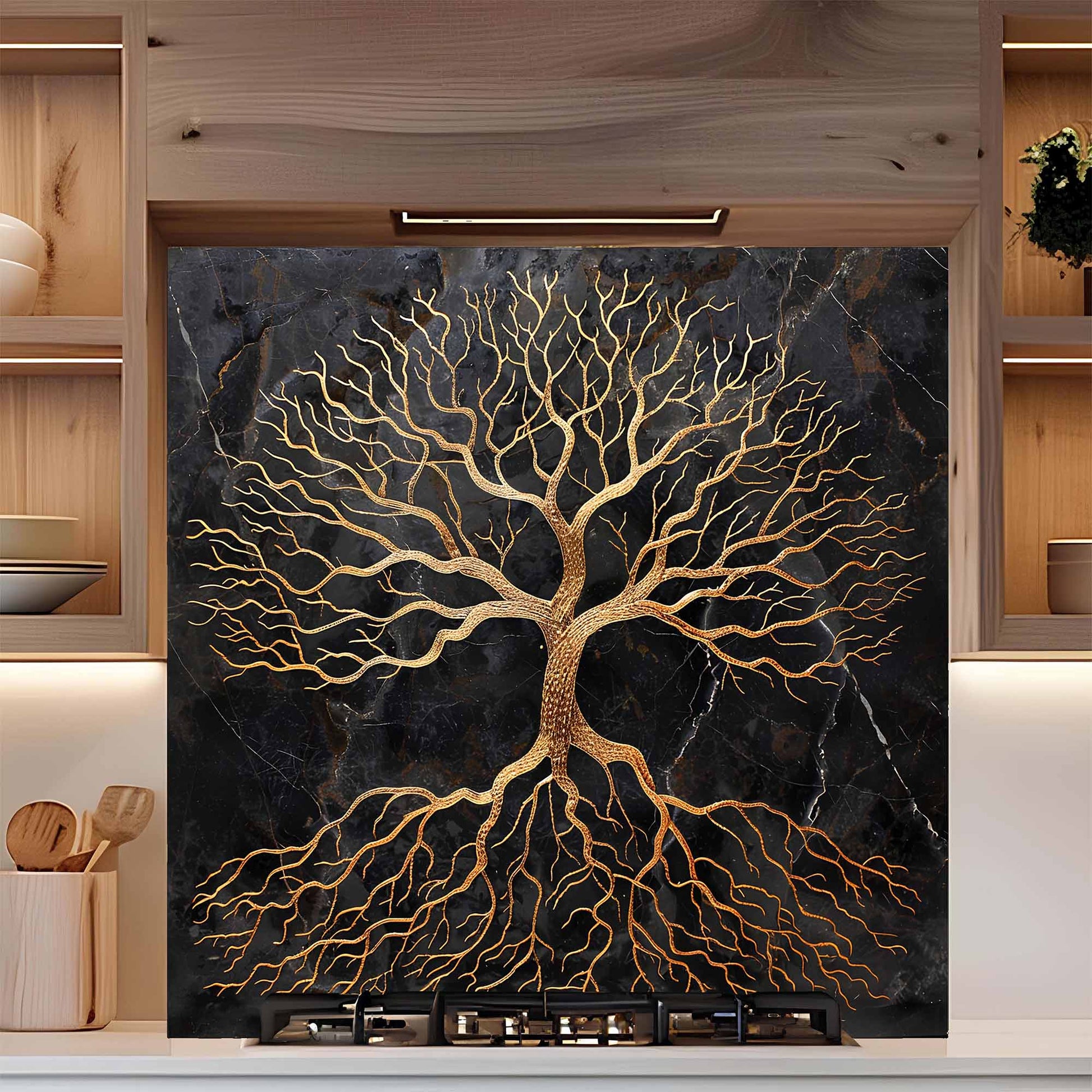 Decorative wall art of a tree with gold branches on a black background in a kitchen backsplash.