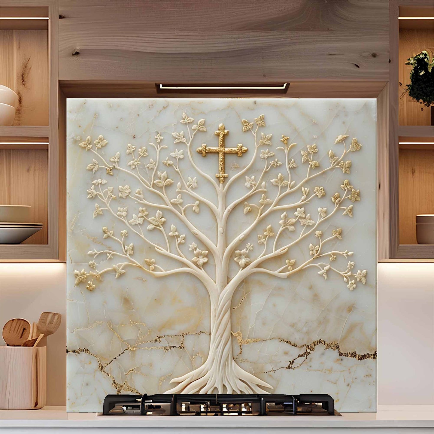 Decorative backsplash with a tree of life design and cross on a marble background.
