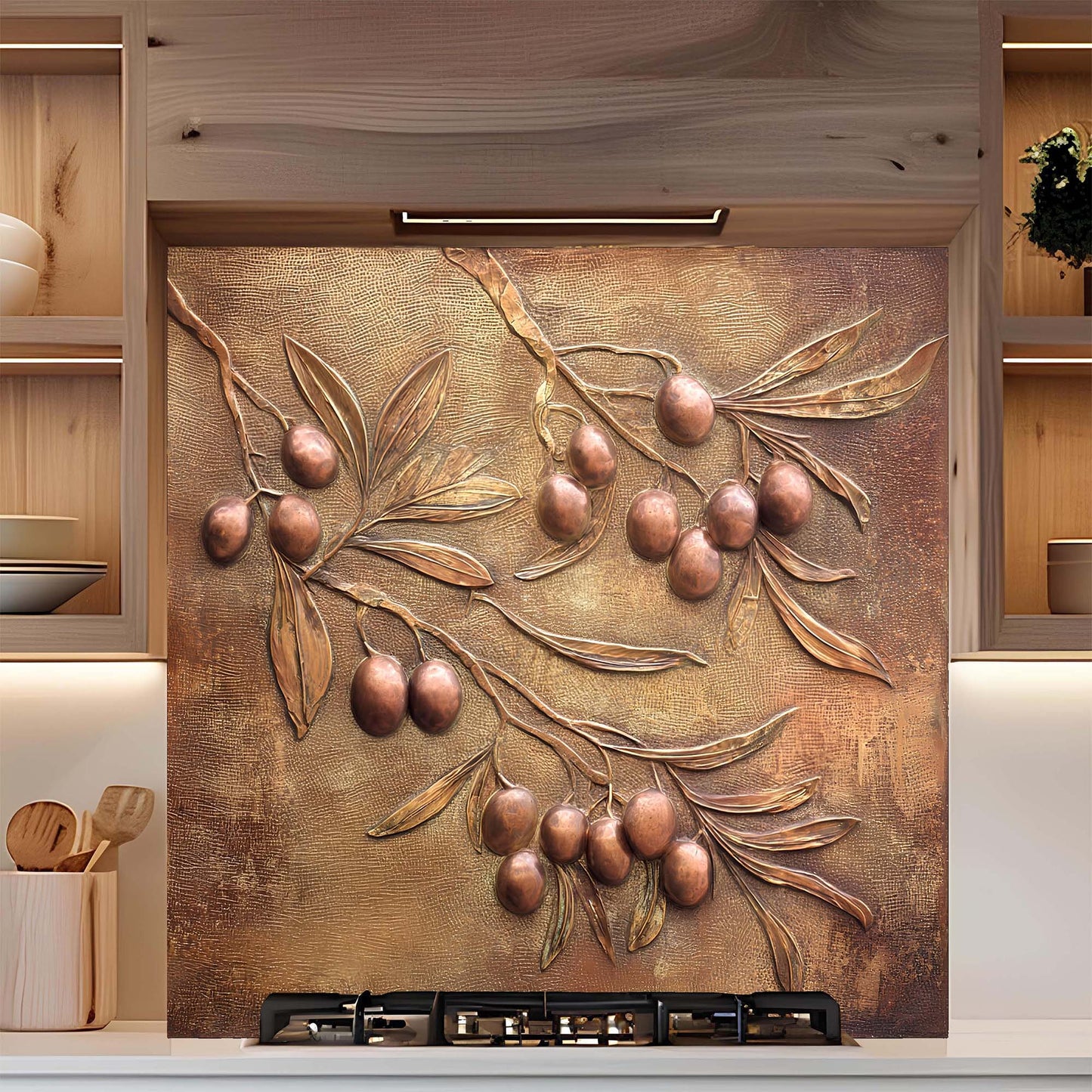 Decorative glass backsplash with olive branch design in a kitchen setting
