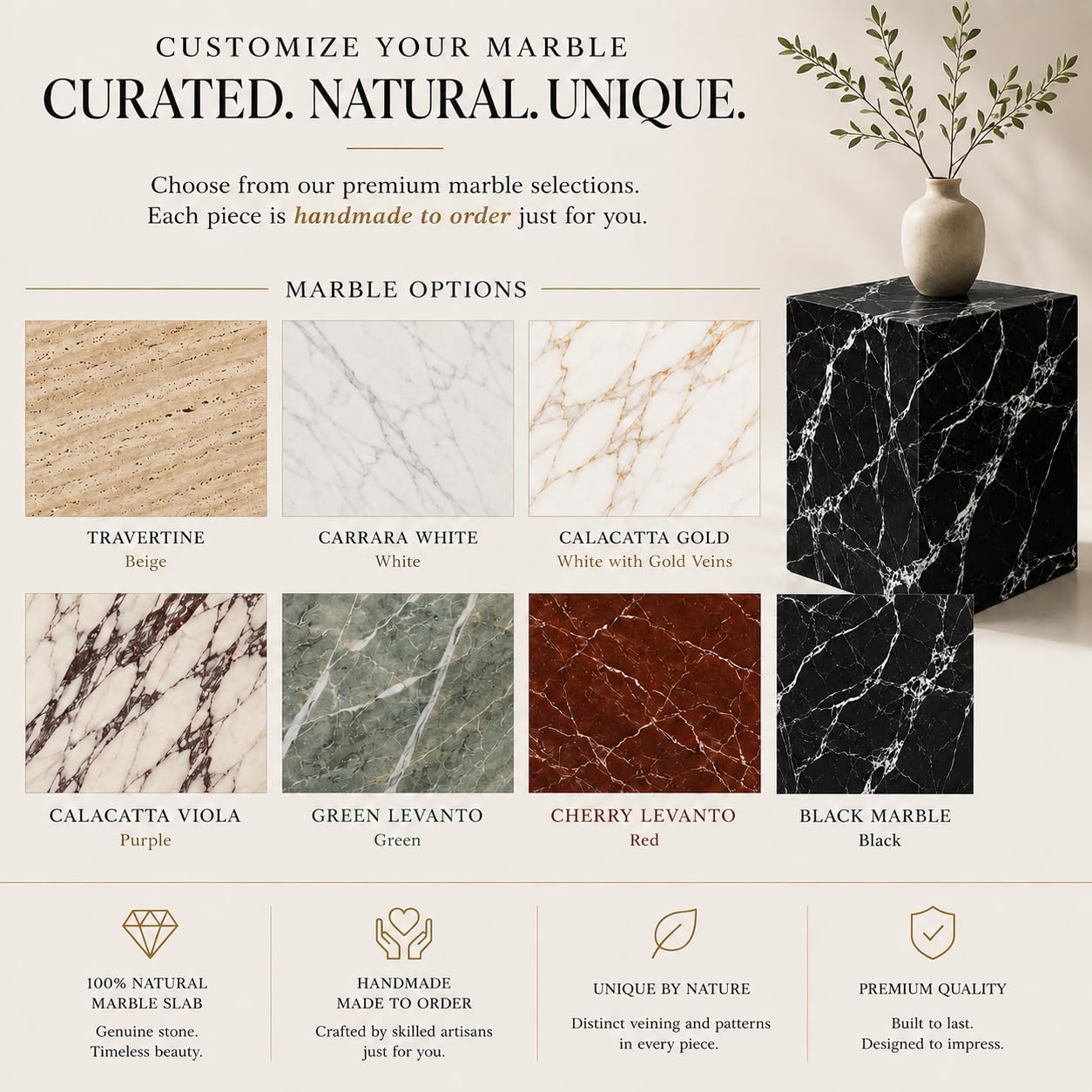 Marble options with samples and text about customization and quality.