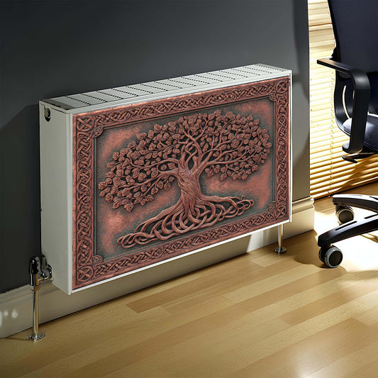 Decorative magnetic radiator cover with tree design in a room setting
