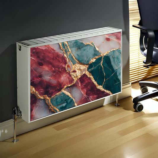 Decorative magnetic radiator cover with marble design in a room setting
