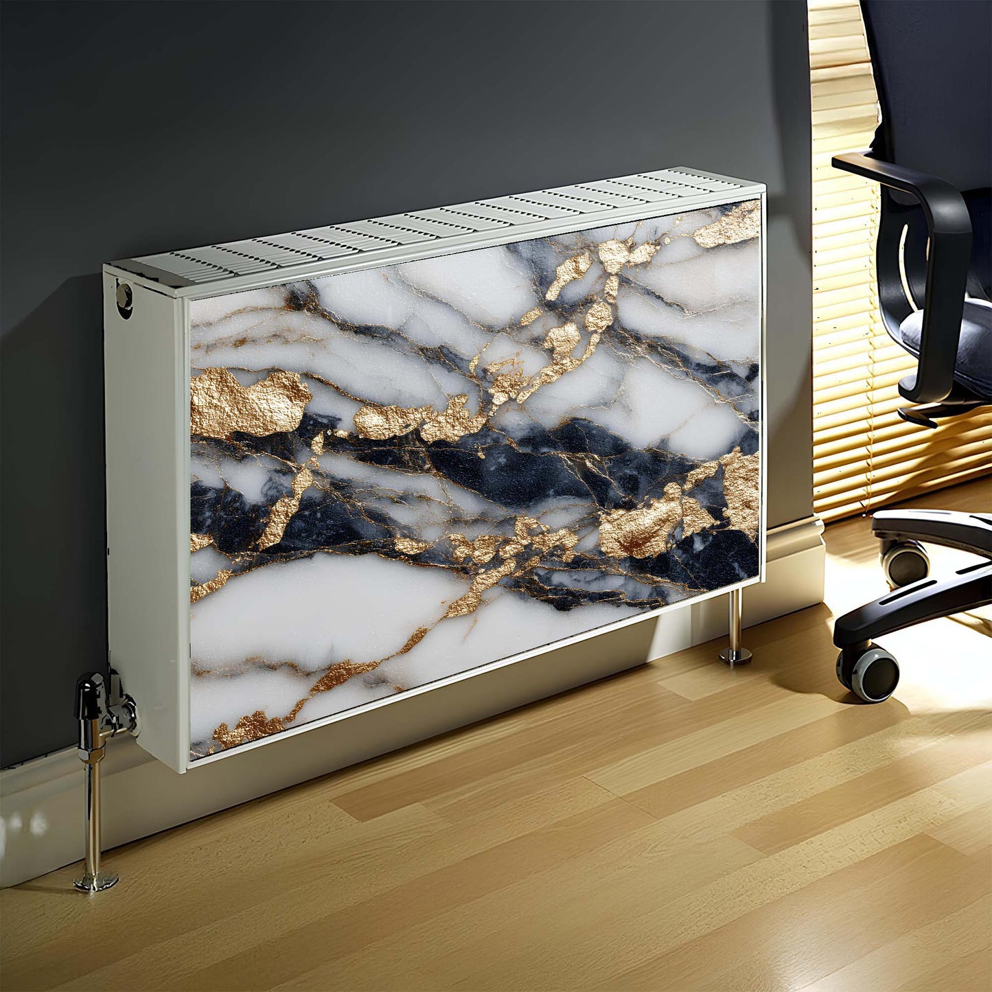 Marble-patterned magnetic radiator cover against a dark wall with a chair in the background